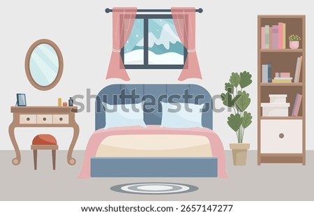 Warm and cozy bedroom with a comfortable bed, soft light lamp, window, dressing table and indoor plant.Winter interior. Interior concept. Ideal for websites, social media posts, blogs and interior des