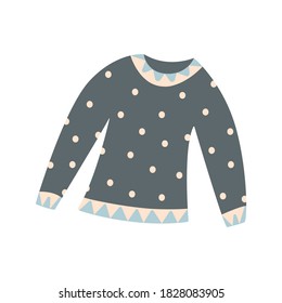 Warm cozy blue sweater with polka dots. Cold weather clothing. Flat vector isolated illustration. Ugly sweater. Winter and autumn jumper. Clipart single