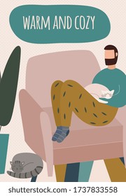 Warm and cozy card design with a man sitting comfortably on a sofa surrounded by cats, flat vector illustration isolated on white background. Home leisure and relaxation.