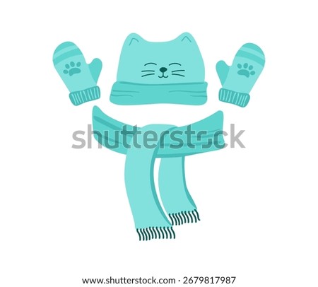 Warm, cozy clothes. Knitted hat, scarf, mittens. Cute hat with a cat muzzle. Knitting, handicrafts. Cold season, autumn, winter. Decor, paw print, footprint. Vector illustration, isolated background.