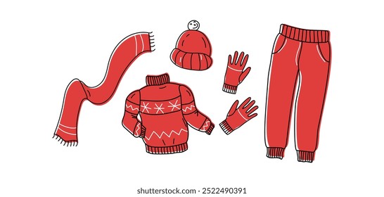 Warm, cozy clothes. Knitted sweater, hat, scarf, pants, gloves. Knitting, handicrafts, craft. Cold season, autumn, winter. Christmas ornament.