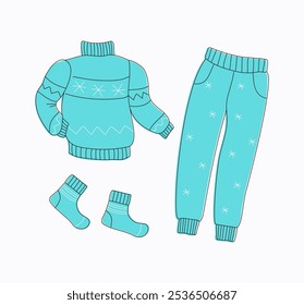 Warm cozy clothes. A set of clothes. Winter knitted sweater, pants and socks. Knitwear, woolen outfit. Linear vector sketch icon isolated on white.  Autumn, winter season. Knitted jersey.