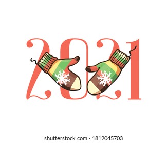 Warm cozy cute mittens, vector Christmas illustration in pastel colors with new year red bright numbers 2021 on white background