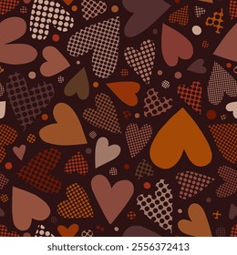 Warm and Cozy Valentine’s Day Pattern with Hearts and Dots in Brown, Terracotta, and Orange on Chocolate Brown Background