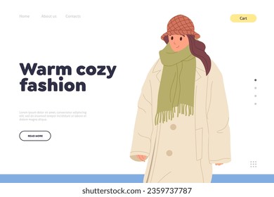 Warm cozy fashion idea for landing page offering to buy female winter outfit and stylish apparel