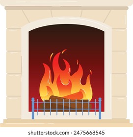 Warm cozy fireplace roaring flames. Stone fireplace mantel burning firewood logs. Isolated white background. Homely fireplace, crackling fire emitting warmth. Beige stone surround, metal guard rail