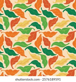 A warm and cozy foliage pattern featuring hand-drawn leaves in green, orange, and yellow, set on a light background, reminiscent of autumn vibes.