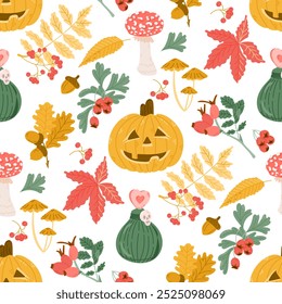 Warm and cozy Halloween seamless pattern with hand drawn related elements. Jack o lantern, poison, autumn leaves and fungus. Cute print design for Halloween on white background