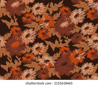 Warm Cozy Hand Drawn Seamless Pattern Of Flowers Chrysanthemum In Earth Tones With Blossom. For Design, Package, Textile, Fabric, Wallpaper, Bedding, Spring Summer Clothes.