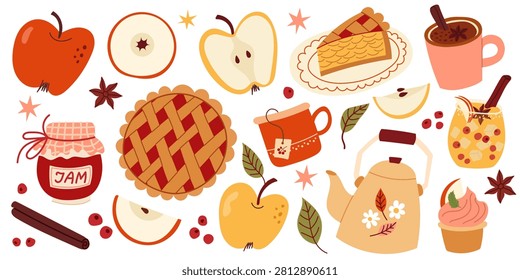 A warm and cozy hand drawn set of autumn apple harvest illustrations including apple pie, tea cup, jam jar, teapot, cupcakes, and cinnamon sticks.