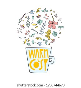 Warm and cozy herbal tea doodle banner. Cup with lettering and herbs for natural organic drink. Sketch floral elements: peppermint, sage, ginger, hibiscus, lavender, chamomile, rose hip.