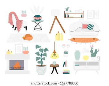 Warm and cozy home furniture and decor set vector illustration. Collection of arm-chair, sofa, lamp, bookshelf, carpet, fireplace, for living room flat style design. Furnishings for creature interior