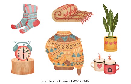 Warm and Cozy Home Things Like Woolen Socks and Knitted Sweater Vector Set