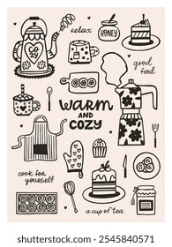 Warm and cozy hygge graphic poster 3x4. Hand drawn vector set of cozy time food illustrations. Cake, a cup of tea, hot drink, honey, food and lettering quotes.