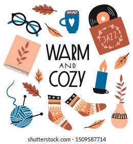 Warm and cozy. Illustration with cute things and objects for home interior, books, socks, candle, cacao. Flat style hand drawn elements isolated on white. Comfortable lifestyle. Autumn or winter mood