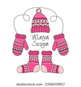 Warm cozy knitted clothes. Autumn, winter season. Icon set of mittens, socks and hat with ornaments. Christmas ornament, Calligraphy, lettering. Vector icons, badges. Illustration, isolated background