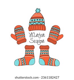 Warm cozy knitted clothes. Autumn, winter season. Icon set of mittens, socks and hat with ornaments. Christmas ornament, Calligraphy, lettering. Vector icons, badges. 