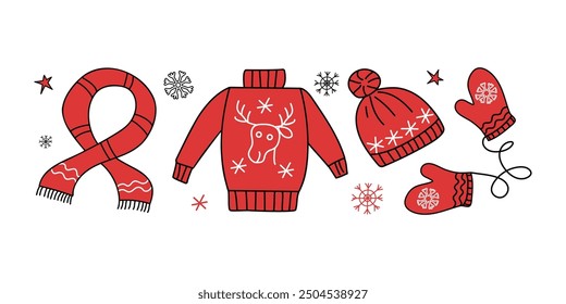 Warm cozy knitted clothes. Christmas ornament, winter icons, doodle drawings. Christmas, holiday. Illustrations on isolated background.