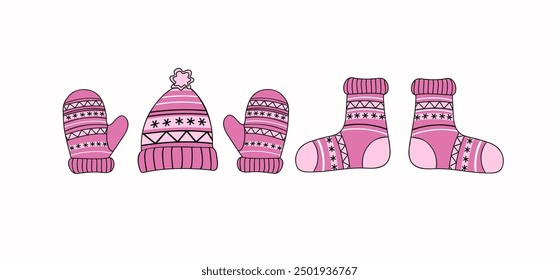 Warm cozy knitted clothes. Handicraft, handmade. Set of icons of mittens, socks and hat with ornament. Autumn, winter season. Illustration on isolated background.