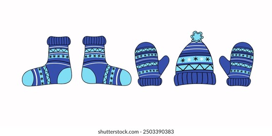 Warm cozy knitted clothes. Handicraft, handmade. Set of icons of mittens, socks and hat with ornament. Autumn, winter season. Christmas ornament. Illustration on isolated background.