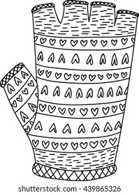 Warm cozy knitted glove with a pattern of hearts with holes for fingers. Isolated