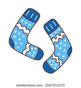 Warm cozy knitted winter blue socks. Comfortable clothes for cold weather. Winter season. Colorful isolated vector illustration hand drawn doodle. Card or icon, design element contour. Christmas vibe