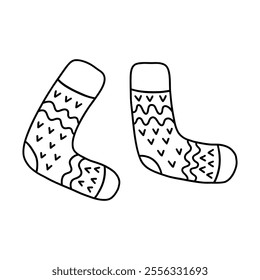 Warm cozy knitted winter socks. Comfortable clothes for cold weather. Winter season. Black and white isolated vector illustration hand drawn doodle. Card or icon, design element. Christmas vibe