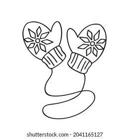 Warm cozy mittens. Vector illustration, sketch with black line. Winter, autumn clothes.