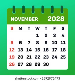 Warm and cozy November 2028 calendar with an autumnal feel. Ideal for tracking daily schedules, planning Thanksgiving celebrations, and staying organized.