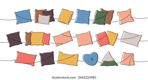 Warm cozy pillows one line colored continuous drawing. Fluffy pillows for sleeping. Vector illustration.