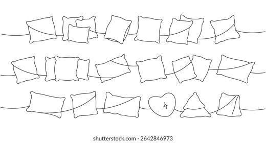 Warm cozy pillows one line continuous drawing. Fluffy pillows for sleeping. Vector illustration.