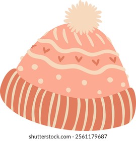 Warm and cozy pink winter hat featuring a fluffy pompom, adorned with charming hearts and playful stripes, offering both comfort and style for chilly winter days