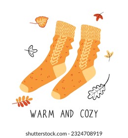 Warm and cozy poster with knitted socks for autumn weather.Background with inscription hand written and  falling leaves.Set of colorful elements isolated on white.Vector  hand drawn  illustration.