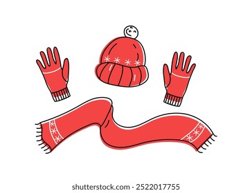 Warm, cozy red clothes. Knitted hat, scarf, gloves. Knitting, needlework, crafts. Cold season, autumn, winter. Christmas ornament, snowflakes.