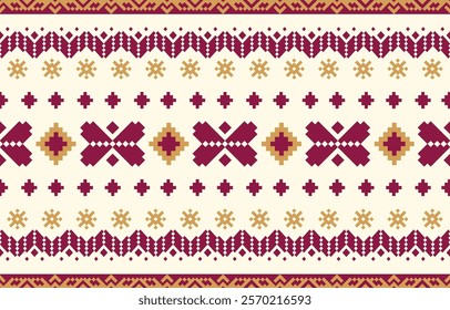 Warm and cozy seamless knitted pattern inspired by Scandinavian folk art. Burgundy and beige color palette. Ideal for creating Christmas sweaters, winter apparel, home decor textiles.