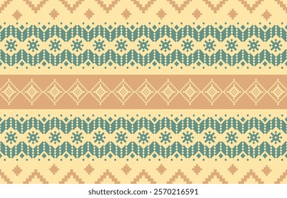 Warm and cozy seamless pixel pattern with geometric and floral motifs. Beige, brown, and blue color palette. Suitable for winter apparel, home decor, digital backgrounds,and folk art-inspired projects