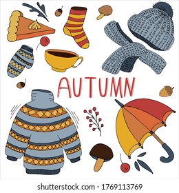 warm and cozy set of autumn items - clothes, umbrella, tea, pie, mushrooms, hat, scarf, freehand drawing, vector set of elements in doodle style, black outline