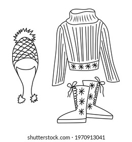 A warm and cozy set of clothes for the fall - a knitted hat with bubons, a sweater, winter boots. Vector illustration hand-drawn in outline style blowing.