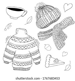 warm cozy set of items for autumn - knitted hat, scarf, sweater, cup of hot tea and pumpkin pie, freehand drawing, vector set in doodle style, coloring book, black outline