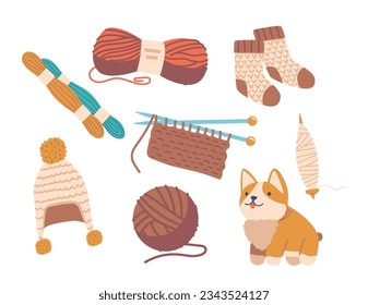 Warm And Cozy Sheep Wool Items, Such As Yarn, Toy, Socks and Hat. Clew, Knitting and Spindle, Offer Natural Insulation