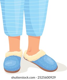 Warm cozy slippers and blue pajamas on cartoon legs isolated on white background