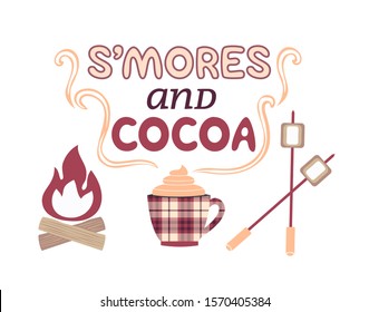 Warm cozy smores and cocoa station welcome sign vector icon. Roast marshmallows hot cocoa chocolate cup bar entertaining illustration. Seasonal outdoor activity background. Winter campfire fun treat