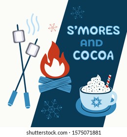 Warm cozy smores and cocoa station welcome sign vector icon. Roast marshmallows hot cocoa chocolate cup bar entertaining illustration. Seasonal outdoor activity background. Winter campfire fun treat