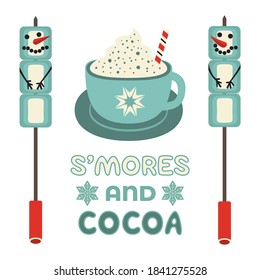 Warm cozy smores and cocoa station welcome sign vector icon. Roast marshmallow snowman hot cocoa chocolate cup bar entertaining illustration. Seasonal outdoor activity background. Winter campfire fun