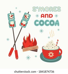 Warm cozy smores and cocoa station welcome sign vector icon. Roast marshmallow snowman hot cocoa chocolate cup bar entertaining illustration. Seasonal outdoor activity background. Winter campfire fun