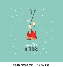 Warm cozy smores station welcome sign flat vector icon. Marshmallow roast cartoon. Campfire fun treat background. Outdoors fun picnic invitation template. Winter season holiday leisure illustration