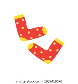 Warme, gemütliche Socken. Rot mit Polka-Punkten. Bequeme Kleidung für kaltes Wetter. Winter- oder Herbstsocken. Einzige Vektorgrafik im Flachstil