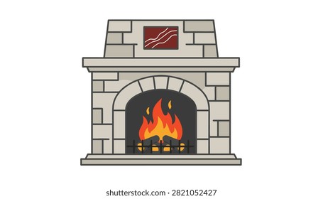 Warm and cozy stone fireplace with bright orange fire burning inside, shown in a clean vector illustration on white.