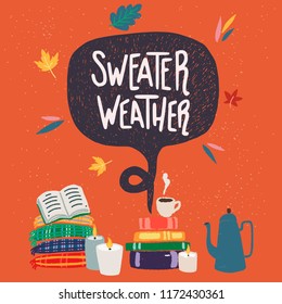 Warm and cozy "Sweater Weather" vector illustrations and hand lettering. Autumn essentials clipart.