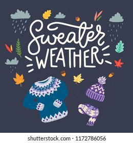 Warm and cozy "Sweater Weather" vector illustrations and hand lettering. Autumn essentials clipart.